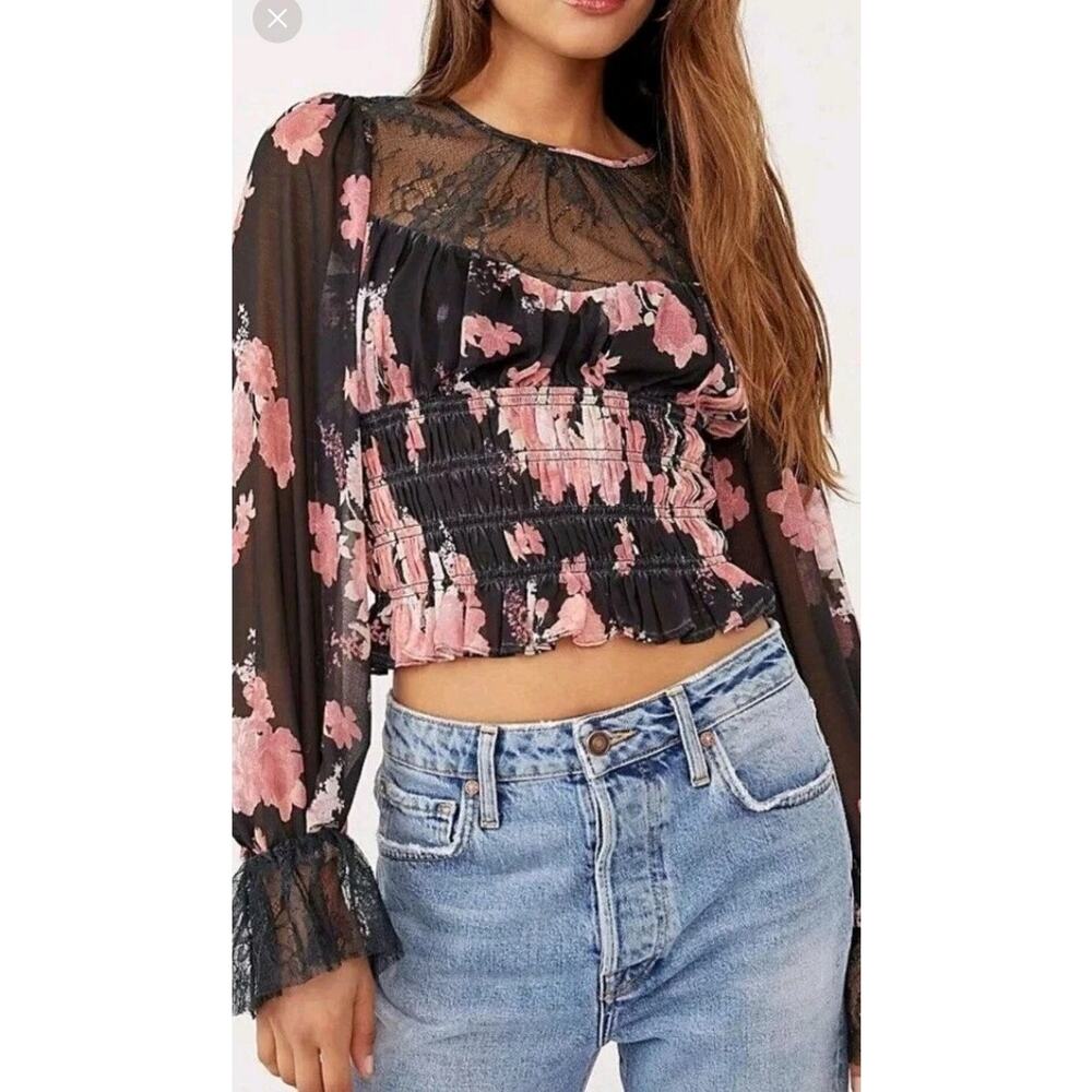 Women’s Size XS Cropped L/S Free People Daphne Blouse Midnight Combo, Black/Pink